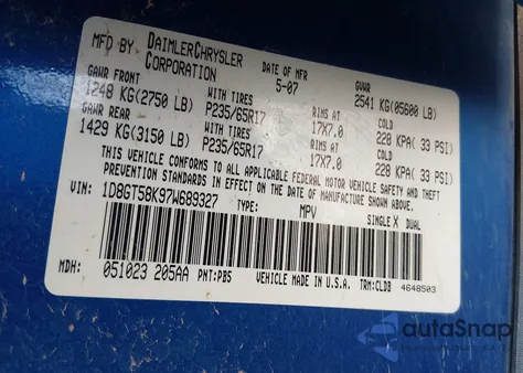 2007 Dodge Nitro Slt/Rt z USA, uszkodzony, nr VIN 1D8GT58K97W689327